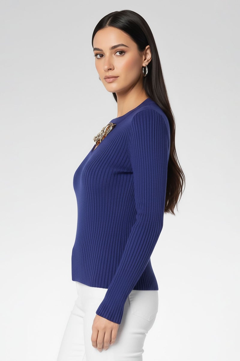 PINKO Women Crew Neck Long Sleeve Textured Top, Indigo - Image 4